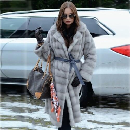 Grey Color Natural Mink Fur Coats for Women Winter Fashion Casual Woman Full Pelt Genuine Mink Fur Overcoats Turn-down Collar