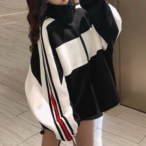 Zip Up Hoodie for Women Contrast Color Student Jackets Tops Raglan Sleeve Sweatshirt with Pocket Loose Plus Velvet Hoodies Coats