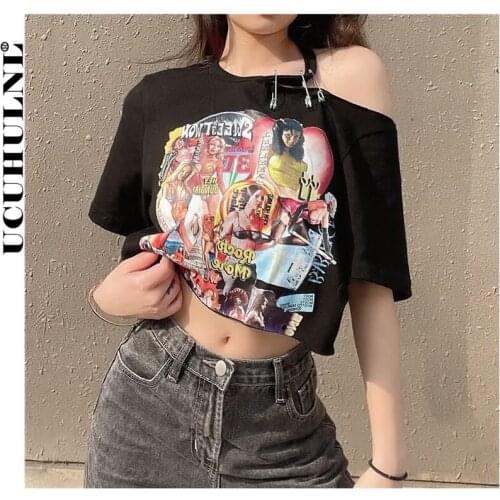 Ucuhulnl Streetwear Punk Black Summer T Shirt Women Gothic Harajuku Cut Out Sexy Crop Top Short Sleeve Print Fashion Grunge Tops