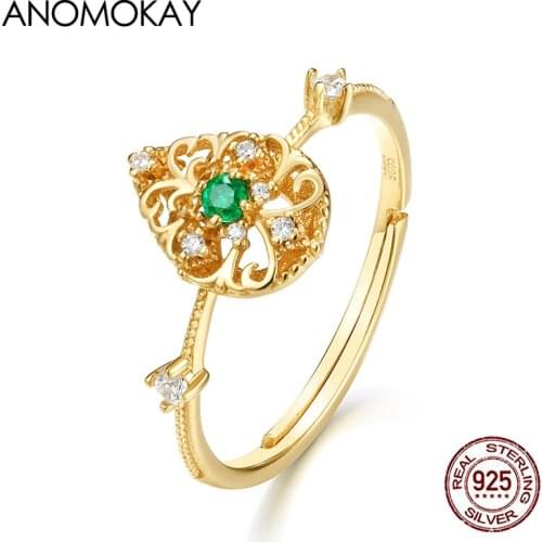 Vintage Lace Vine Flower Water Drops Natural Emerald Gold Color Rings for Engagement Real Sterling 925 Silver Adjustable Ring