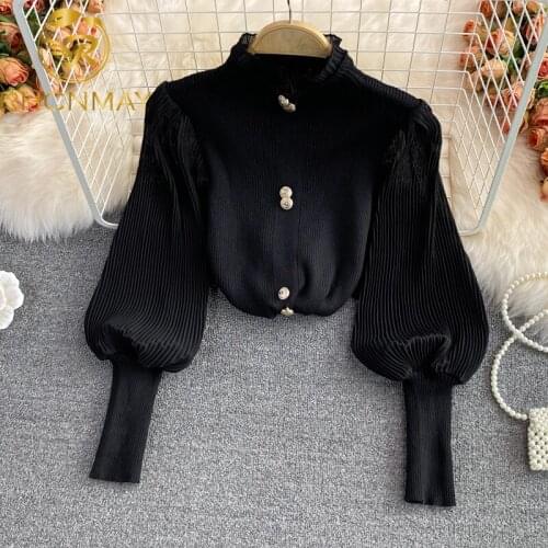 Vintage Half Turtleneck Sweater Chiffon Stitching Long Ruffles Sleeve Single Breasted New Fall Knitted Cultivate Ruffles Base