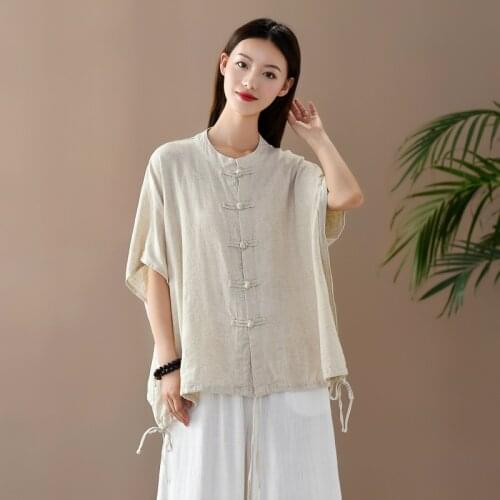 Shanghai Story Womens Short Sleeve Shirt Chinese Style Cotton Linen Button Down Top Blouses