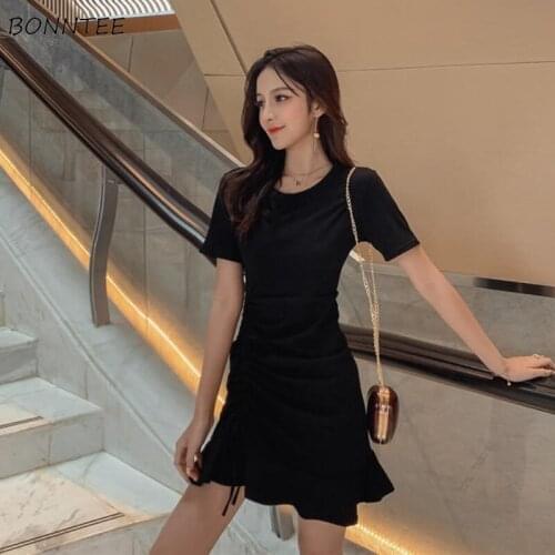 Dresses Womens Drawstring Ladies Old-fashioned Korean Style Trendy Summer Leisure Students Solid Elegant 2021 Simple Slim Basic