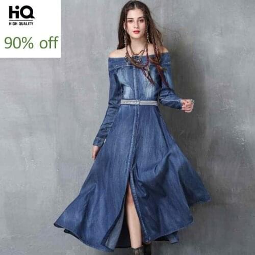 Elegant 2020 New Fashion Slash Neck denim Dresses Retro Embroidery Belt Long-Sleeved Dress Womens Jean Spring Straight Dress