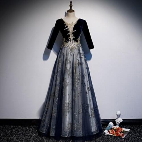 Dark Blue Luxury Long-sleeved Sequin Evening Dress Skirt Saudi Arabia Banquet Temperament Queen Long Thin Velvet Prom Dress A138