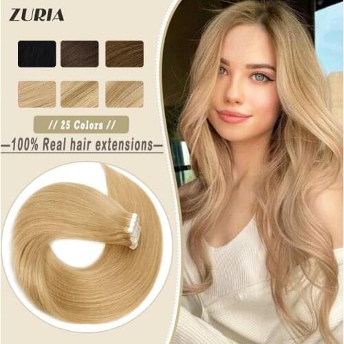 ZURIA Mini Tape In Hair Extensions Machine Remy Natural Hair Extensions Human Hair Straight 20 Inchs Seamless Adhesive Skin Weft