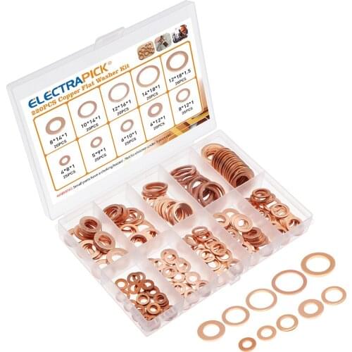 220pcs M4-M14 Copper Washers Sealing Flat Rings Copper Flat Brass-plated Washers Gasket Set with Box Suitable for Screw