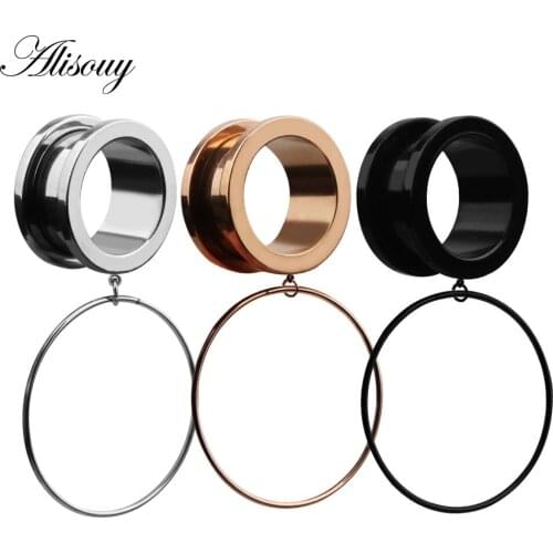 Alisouy 2 PCS piercing stainless steel dangle circle ear plugs and tunnels body jewelry ear gauges expander piercing tunnels