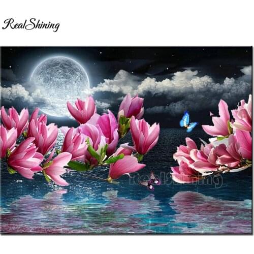 Diamond Painting Full Squre/Round 5D Magnolia Flowers Diamond Embroidery Bright moon at blue sea Picture Of Rhinestones T86