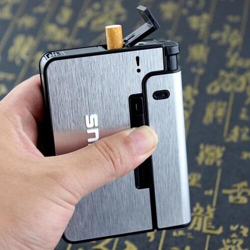 Lighter Case Portable Metal Cigarette Case 10pcs Cigarettes Holder Box Creative Fuel Lighter Automatic Windproof Gadget For Men