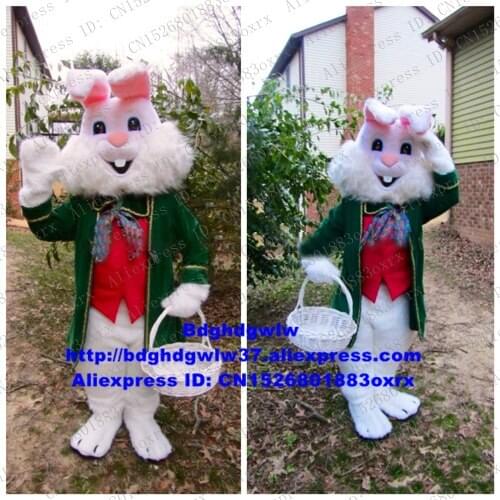 Long Fur White Green Easter Bunny Osterhase Rabbit Hare Mascot Costume Adult Character Upacara Penutupan Sports Party zx2409