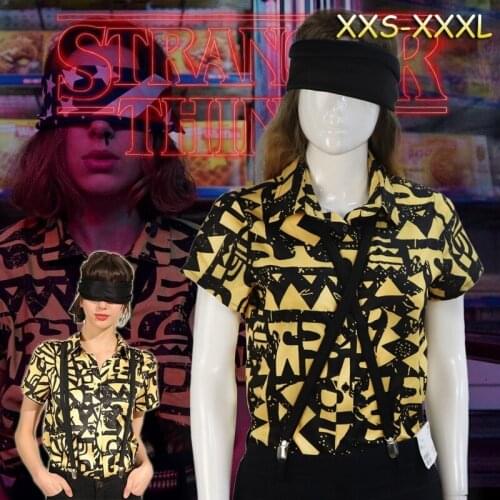 Stranger Things Season 3 Eleven Halloween Carnival Party Cosplay Costume Shirt Blindfold Suspender Summer Short Sleeve Shirt