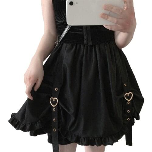 Kawaii Ruffle Girls High Waist Skirt Women Black Gothic Lolita Cute Punk Fashion Heart Belt School Pink Pleated Mini Tutu Skirts