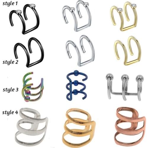 2Pcs 1.2x8mm Fake Clip On Cuff Wrap Upper Closure Rings Piercing Sexy Jewelry Steel CBR Ear Cuff Helix Cartilage Rings