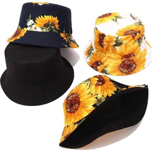 NEW Sunflower Printing Panama Bucket Hat Women Double Sided Wearing Fisherman Bucket Cap Summer Reversible Flat Top Basin Hat