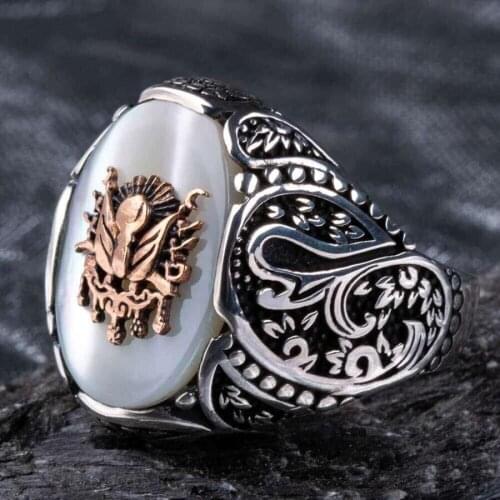 Ottoman Coat of Arms of Mother White Pearl Stone 925 Sterling Silver Ring for Men Silver Ring for Men White ring