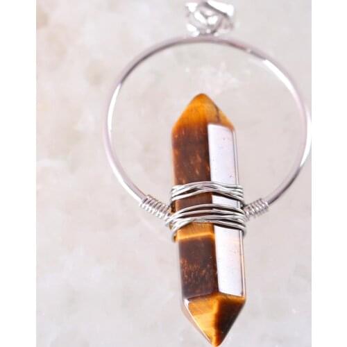52x33MM Reiki Healing Prism Pyramid Pendant Natural Stone Golden Tiger Eye Pendulum For Dowsing Hexagonal Bead Copper