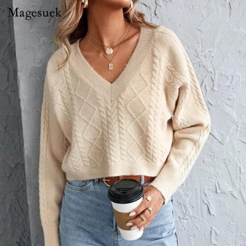 2021 Autumn Winter Cotton Solid V-neck Knit Pullover New Fashion Long Sleeve Sweater Women Casual Warm Short Loose Sweater 17059