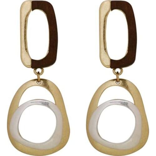 SRCOI Minimalist Geometric Alloy Wood Long Earrings Double Circle Female Temperament Drop Earrings Bohemian Vintage Bijoux 2018