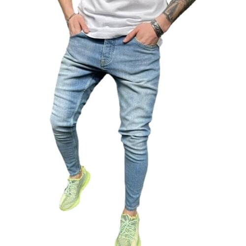 Light Blue Skinny Jeans Men Personality Ripped Hole Fashion Simple Classic Cotton Comfortable Male Pencil Denim Pants
