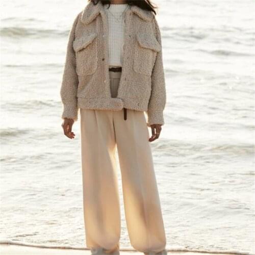 ZXQJ Women 2021 Fashion Warm Faux Teddy Padded Jacket Retro Long Sleeve Solid Color Hem Buckle Pocket Outerwear Chic Tops