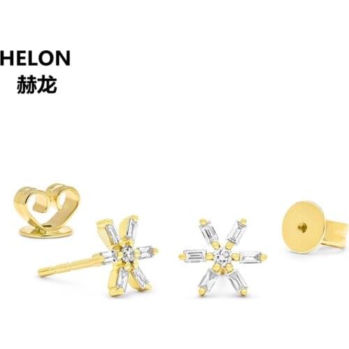 0.18ct Diamonds Baguette Round Stud Earrings Solid 14k Yellow Gold Women Snowflake Earrings Rose Gold White Gold Optional