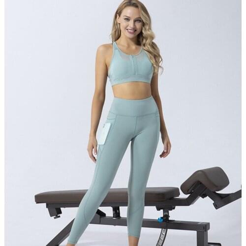 Two Piece Woman Sport Set Workout Clothing Sexy Zipper Push Up Sports Bras High Waist Yoga Seamless Pants with Pockets Tracksuit