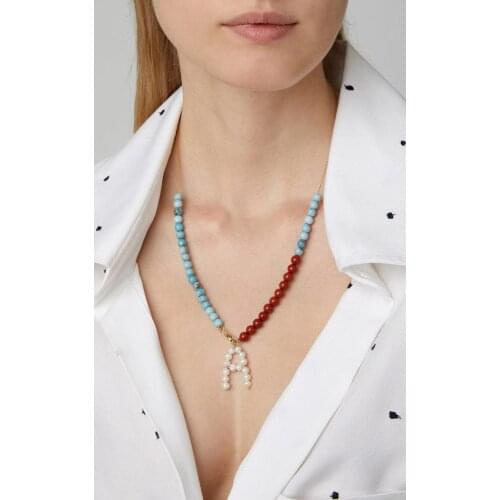 2020 New Bohemian Natural Stone Necklace Women Korean Pearl Drop Pendientes 26 Letters Santuzza Necklace Nameplate Choker