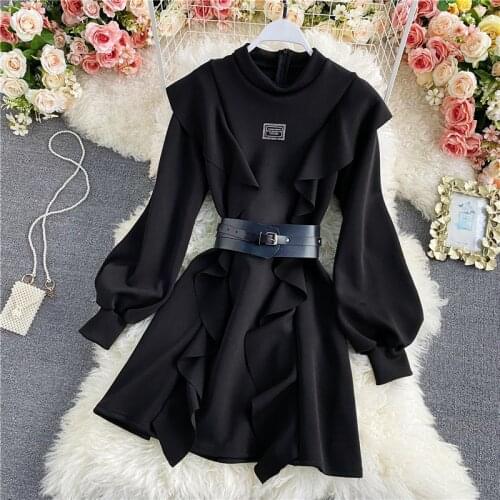 Autumn Winter Fashion Temperament New Lotus Leaf Stitching Dress Female Lantern Sleeves with A Base A-line Dress C132