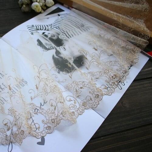 19cm 7.48inch wide-3yards/lot Gold Thread Embroidered Tulle LaceTrim for Garment Decoration