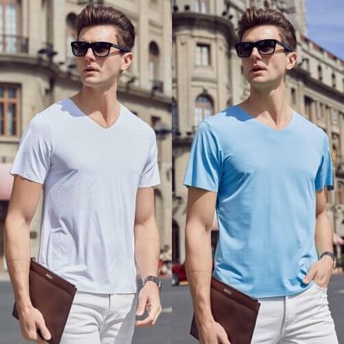 2020V collar ice silk seamless air conditioning T-shirt Slim solid color male short-sleeved quick-drying T-shirt thin section