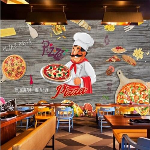 Custom Retro Woodgrain Pizza Theme Wall Paper 3D Cartoon Hand Painted Pizza Fast Food Restaurant Background Mural Wallpaper 3D