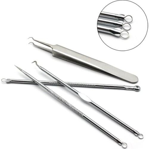 4pcs/set Skin Massage Blackhead Pimples Removal ToolsAcne Needle Tweezers Pointed Bend Gib Head Comedone Tweezers Clip Face Care