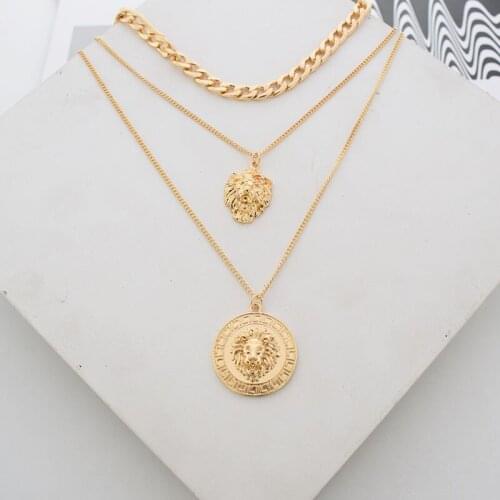 Punk Style Statement Metal Gold Color Chain Multi Layer Necklaces Lion Pattern Round Coin Pendant Necklace For Women Party