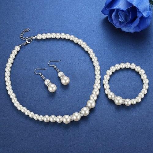13MC Elegant White Faux Pearl Necklace Earrings and Bracelet Jewelry Set for Women