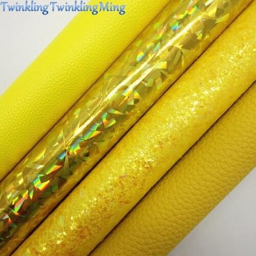 YELLOW Glitter Fabric, Litchi Synthetic Leather, Patent Faux Fabric Sheets For Bow A4 21x29CM Twinkling Ming XM012J