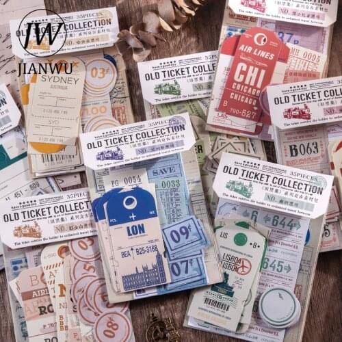 JIANWU 35 Pcs Retro Ticket Material Pack Kawaii Stationery Memo Pad Hand Account Diary Decoration Notes Stickers School Supplies