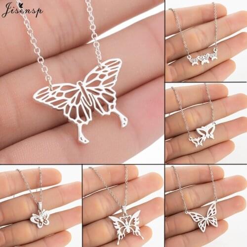 Jisensp Simple Fashion Lovely Butterfly Necklaces Pendants Hollow Stainless Steel Charm Necklace for Women Wedding Jewelry Gift