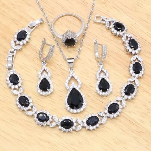 Black Zircon 925 Silver Wedding Jewelry Sets For Women Bracelet Earrings Necklace Pendant Ring Birthday Gift