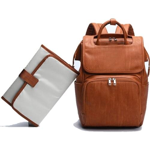 Brown PU Leather Baby Diaper Bag Backpack For Moms Large Capacity Nappy Bag with Changing Pad And Stroller Straps for Baby Care