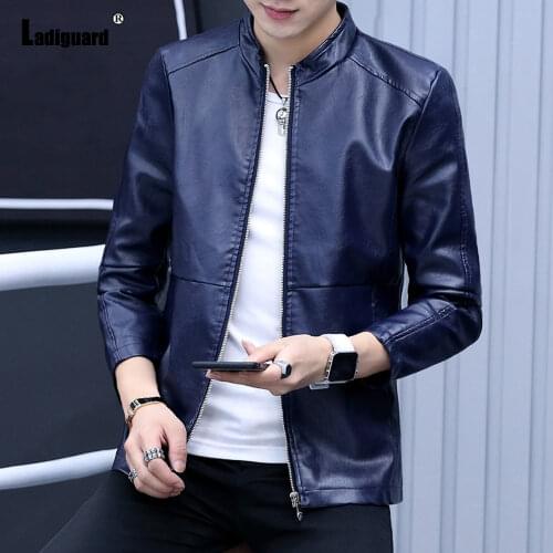 Garmenting Men Trendy 2021 Zippers Tops Faux Pu Leather Jackets Kpop Young Mens Blue Coffee Outerwear Slim Fitted Male Clothing