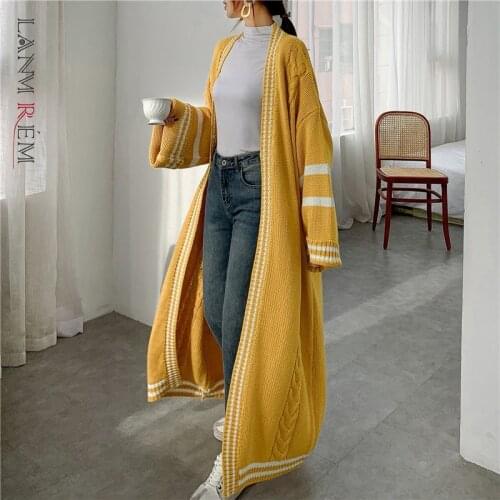 LANMREM 2021 Autumn New Long Style Cardigan For Women Loose Striped Patchwork Casual Knitted Sweater Popular Coat PC425