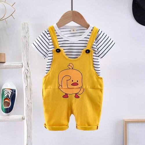 2021 Summer Baby Girls Boys Clothing Toddler Fashion Infant Children Yellow Duck Clothes T Shirt+Overalls Pants 2Pcs/Set Costume