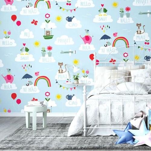 Cartoon animal blue sky white cloud balloon flower rainbow childrens room wallpaper boy bedroom girl non-woven kindergarten