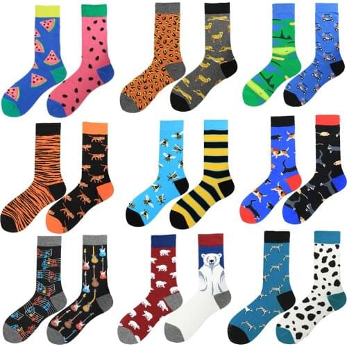Trendy In-tube Mens Socks Large Size AB Asymmetrical Animal Series Fashion Personality Colorful Skateboard Yin and Yang Socks
