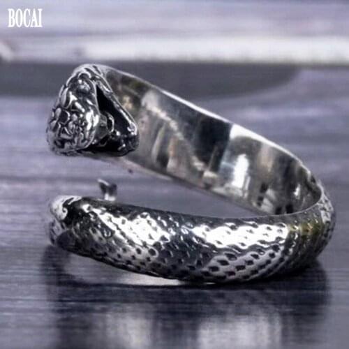 BOCAI 2020 new real solid s925 pure silver fashion jewelry handmade delicate python ring for men punk Thai silver dark man ring