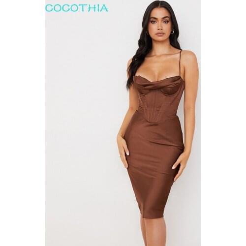 COCOTHIA New Elegant Deep V Sleeveless High Waist Draped Fishbone Midi Dress Solid Satin Celebrity Cocktail Evening Party Dress