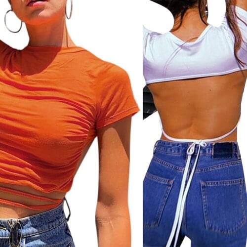 New Women Long Sleeve Bandage Crop Tops Tee Summer Casual Sexy Slim Fit Backless T-Shirts Clubwear For Girls Clothes