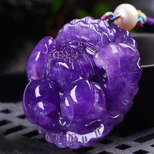 Wholesale Dark Purple Natural Crystal Pendant Hand Carved Peony Flower Handmade Rope Necklace Lucky for Women Marriage Jewelry