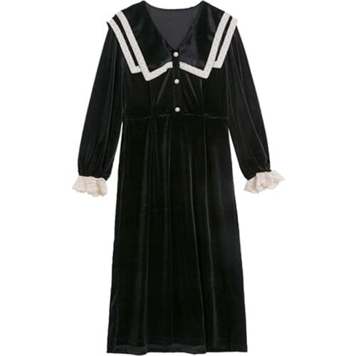 PERHAPS U Black Elegant Winter Long Sleeve Midi Sashes Sailor Collar Dress Button Lace Velvet D3012
